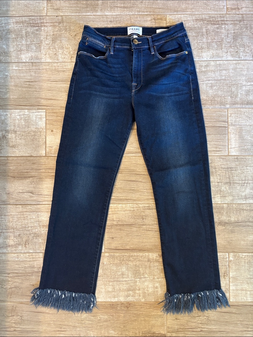 Frame Denim Dark Blue Frayed Hem Ankle Jeans- Le High Straight Style